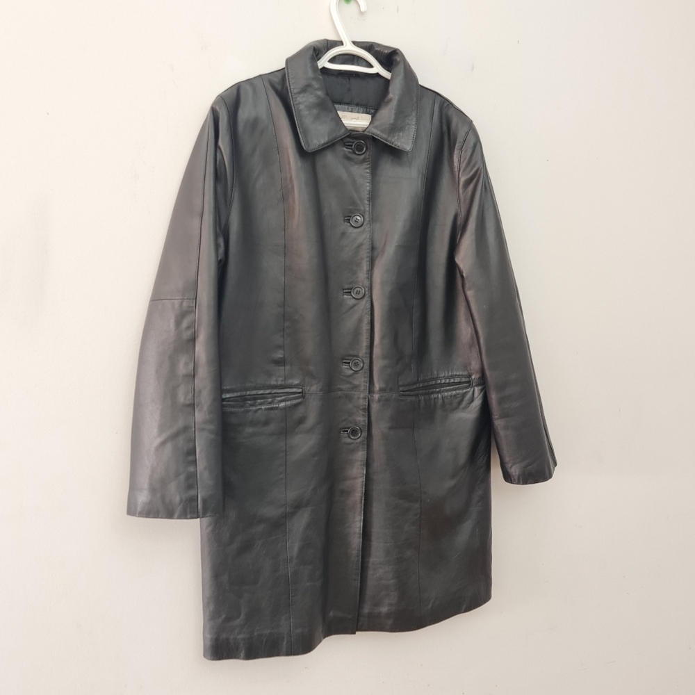 C'est Ça Outerwear Women Coat Black Leather Buttons Pockets Lined Size XL or 16